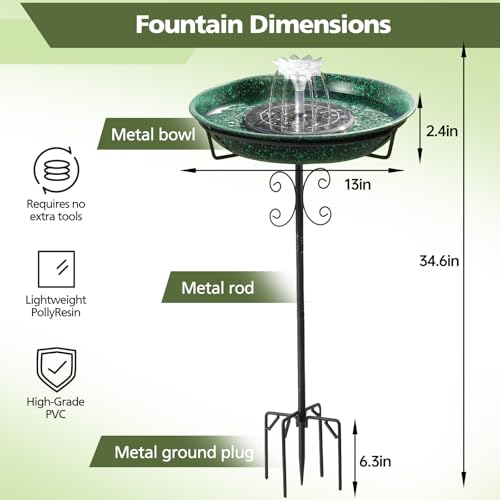 Solar Fountain Bird Bath for Outside Garden Decor,All Metal Hummingbird Bath & Crow Feeder with 5-Prong Base,Standing Bird Feeder for Backyard Birding & Wildlife,Copper Green