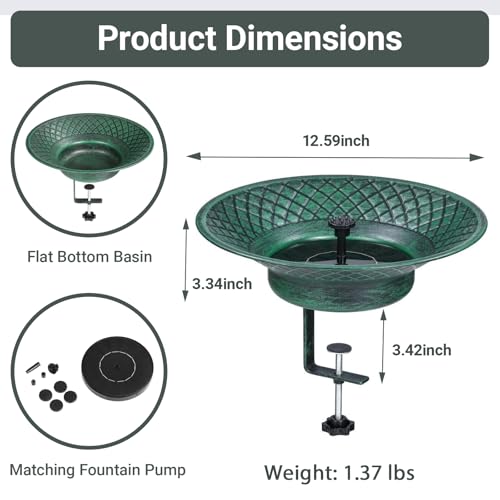 Deck Mounted Bird Bath for Outside, 12.6" Solar Bird Bath with Fountain | Metal Deck Mounted Bird Feeder with Adjustable Railing Clamp for Balcony & Patio, Outdoor Birdbath for Garden Yard Decor - color: Green