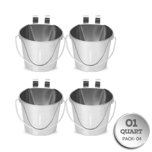 1 Quart Stainless Steel Flat Sided Bucket with Dual Hooks | 4 Pcs Durable Food & Water Bowl for Dog Cat Bird & Small Animals | Fits kennel Cage Crates Farm Hanging Pet Pail | Multipurpose - size: 1 Quart (Pack of 4)