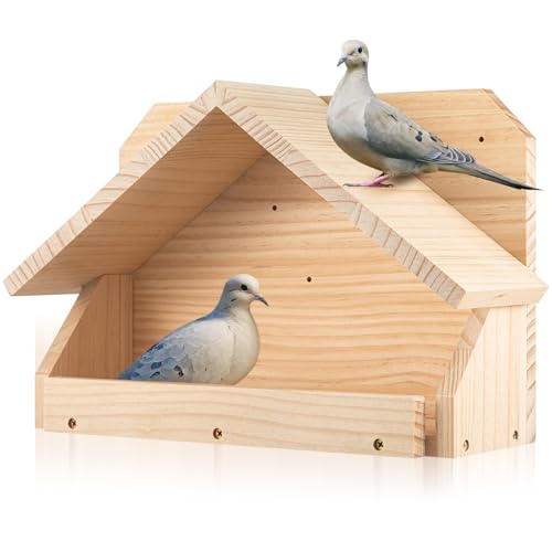 Briwooody Wooden Open Mourning Dove Nesting Box for Outside Dove Bird House 14 H x 10 W x 5.3 L Inches Bird Nesting and Roosting Platform Hanging Birdhouse Garden Decoration (Triangular Roof, Brown) - style: Triangular Roof