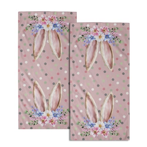 Giwawa Easter Bunny Ears Hand Towels Pink Rabbit Ear Kitchen Towel Spring Flowers Colorful Polka Dots Bathroom Towel Decorative Fingertip Towels for Farmhouse Holiday Decor 14 x 28 Inch Set of 2 - color: Bunny Ears