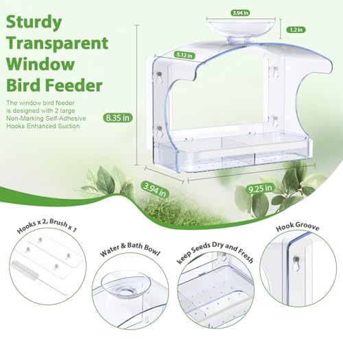 Clear Window Bird Feeder with Water Bowl | Self-adhesive hooks, brush for easy cleaning, ideal gifts for mom parents, clear design for close-up bird watching