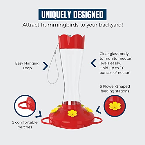MEKKAPRO Outdoor Glass Hummingbird Feeder, Red, 5 Feeding Stations 10 oz | Designed Ant And Bee Proof For Hanging Use, This Backyard Feeder Includes 5 Nectar Feeding Stations For Outdoor Hummingbirds - color: Classic, size: 10oz