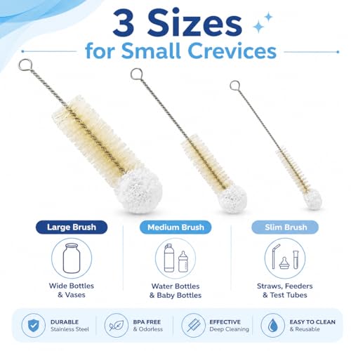 Multi-Use Bendable Bottle Brush Set - Small Crevice Cleaning Brushes for Hydro Flasks, Wine Bottles & Small Containers