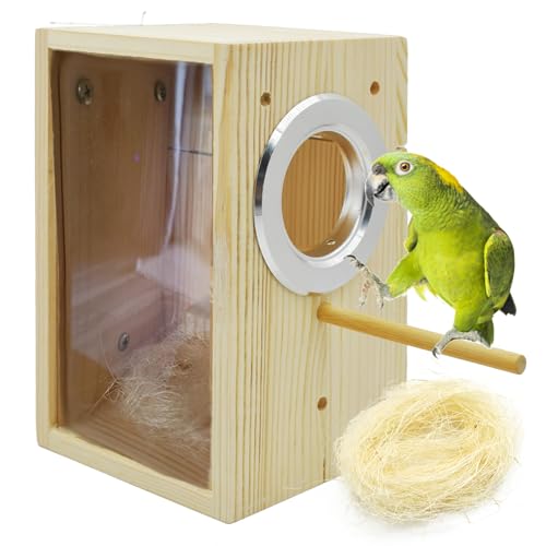kathson Parakeet Nesting Box Transparent Bird House Bird Nest Box for Cage Parrot Nesting Boxes Wooden Breeding Box for Cockatiel Lovebirds Budgie Finch Canary(S) - size: [M:7.9 x 4.7 x 4.7 lnches]