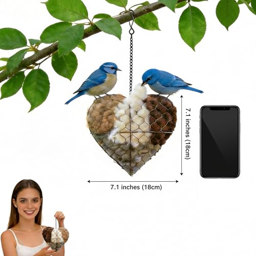 Heart Bird Nesting Material Holder, Natural Alpaca Fiber, 7.1 Inch | Heart-shaped refillable holder with untreated alpaca fiber, open wire frame and hanging chain for outdoor nesting season
