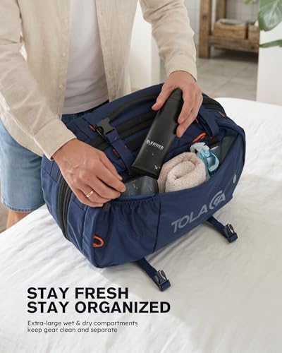 Tolaccea Travel Backpack 40-50L, 16" Laptop Carry On Duffle for Travel Work | 40-50L Expandable, TSA Approved 180° Open, 3L Wet-Dry Pocket, RPET Fabric, 3-in-1 Convertible Carrying, Detachable Waist Belt - color: Blue