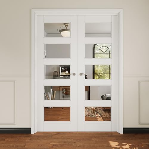 56x80 Interior French Door,5-Lite Clear Glass Doors,Living Room Doors | Satin Nickel Hardware-Privacy Door Lever w/ Lock, Latch&Hinges, Solid Core,Tempered Glass,No PreDrill,Jamb Assembly Required - color: 5 Lite, Silver Hinges, size: 56x80 for 58x82 open