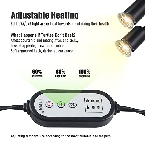 TFNN Reptile Heat Lamp, Double-Head Heat Lamp with Clamp, UVA UVB Reptile Light with Intelligent Cycle Timer for Turtle, Bearded Dragon, Lizard and More, 2 Bulbs 25W+50W