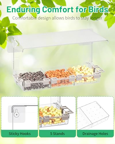 Clear Window Bird Feeder Outdoors - Bird Feeder for Viewing with 5 Perching Stands, Wavy roof, Self-Adhesive Hooks, Drain Holes and Removable Tray, as a Birdhouse, Garden Decor - color: Wavy roof