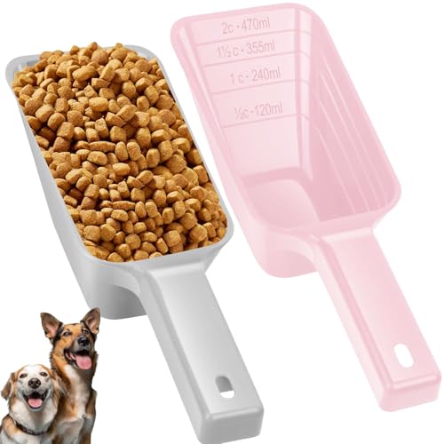 2 Cup Dog Food Scoop(2 Pack), Plastic Pet Food Scoop with Measuring Lines for Accurate Pet Food Portions,Dishwasher Safe (Grey and Pink) - color: Grey and Pink