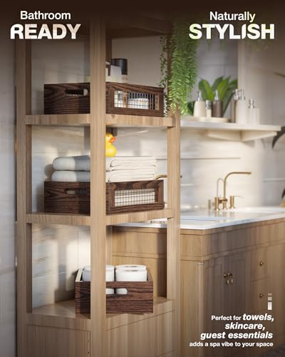 Wooden Countertop Baskets Set of 2 for Kitchen, Pantry|Wall Mount Upgrade with Full Accessories| Rustic Nesting Boxes|Wooden Organizer Crates for Vegetables, Produce, Bread - color: Walnut