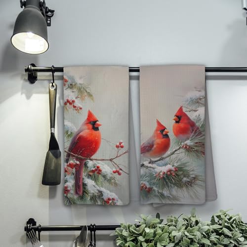 Winter Christmas Cardinal Snowy Woodland Kitchen Hand Towels,Red Bird Holly Berries Dish Towels for Kitchen Home,Vintage Rustic Winter Hand Towel Decorative Set for 2 - color: Color-16