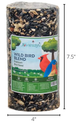 JCs Wildlife Wild Bird Blend Seed Cylinder with Hole, Sunflower Safflower Pecans Peanuts Bird Food for Outside Feeders, Cardinals Woodpeckers Chickadees Nuthatches, Made in the USA, 1.5 lb, 1 Cylinder - size: 1.5 Pound (Pack of 1)