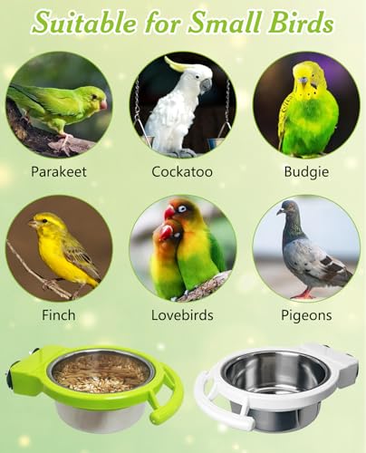 BNOSDM 2 PCS Bird Feeding Dish Cups Perch Stand Hanging Stainless Steel Bird Bowls Food Container Food and Water Bowls with Spoon for Budgie Cockatoo Finch Lovebirds Pigeons (White) - color: 2 Pcs White