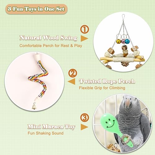 3 in 1 Bird Swing and Climbing Rope Set Triangle Wooden Perch with Bells and Natural Chew Toys Flexible Cotton Rope Ladder and Maraca Toy for Cockatiels Conures and Budgies
