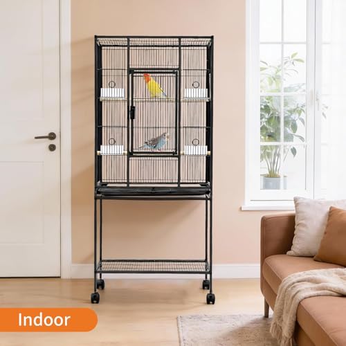 54" Large Bird Cage, Parrot Bird Cage with Rolling Stand & Storage Shelf, Heavy Duty Wrought Iron Flight Cage, Secure Lock, Ideal for Parakeets, Parrots, Cockatiels, Conures, Lovebirds - size: 34.1"L x 24.6"W x 4.7"H