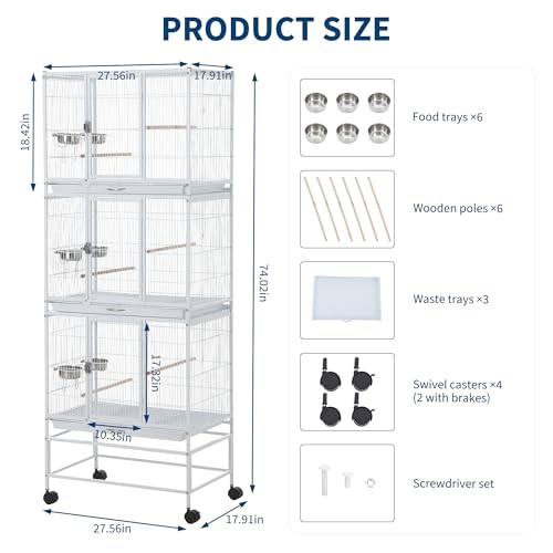 74 Inch Large Bird Cage, Large Flight Aviary with 3 Dividable Compartments for Parakeets Cockatiels Conures Finches, Heavy Duty Breeder Cage with Slide Out Trays for Multi Bird Homes, White - color: White