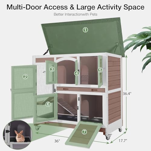 47.2" Two-Story Rabbit Hutch with Wheels, Indoor Outdoor Bunny Cage with Openable Viewing Window & Leakproof Sliding Trays, Wooden Rabbit House with Ramp-(Brown) - color: Brown-AIR06