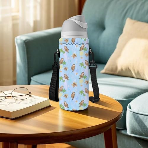 Neoprene 500ML/750ML/1000ML Water Bottle Bag Carrier, Portable Insulated Bottle Sling Holder Case Pouch with Adjustable Shoulder Strap for Men Women Walking Hiking Running - color: Cute Otters, size: 750ML