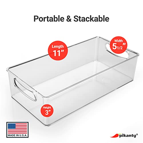 Pikanty Clear Refrigerator Organizer Bin with Handles — 11 Inch Compact Stackable Fridge and Pantry Storage Container for Snacks, Yogurt, Condiments, Dishwasher Safe, Made in USA - style: Organizer Bin Medium