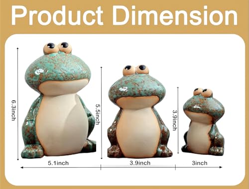 Ceramic Frog Garden Decor Set of 3 - Funny Cute Frog Lawn Ornaments, Outdoor Pond Patio Statues for Yard, Front Porch, Backyard Decor (Dad, Mom & Baby Frogs)