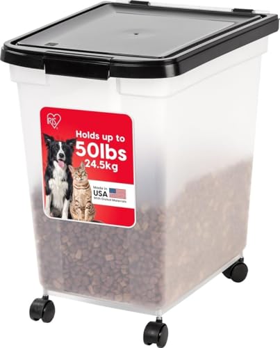 IRIS USA Dog Food Storage Container, Up to 50 lbs, Black, Made in USA | Wheels for Mobility, Airtight Seal, BPA-Free, Best for Bird Seed, Cat food, Cat Litter, Chicken Feed, Pellets - color: Black, size: 50 lbs