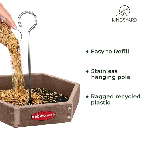 Kingsyard Hanging Platform Bird Feeder for Outdoors, Deep Tray, Brown | Weather-Resistant Recycled Poly Lumber, Fast-Draining Metal Mesh Base, Easy to Clean, Holds Up to 3 lb of Seed - color: Brown