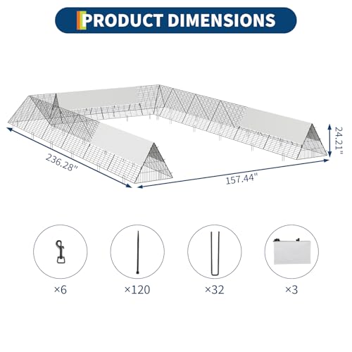 Garvee Chicken Tunnels for Outside with Corner Frames, Large Metal Chicken Runs with Weather-Resistant Cover, Easy to Setup, Portable Poultry Cage for Hens, Ducks, Rabbits (238.2x161.4x24.2 inch) - size: 40.9"L x 29.7"W x 2.8"H