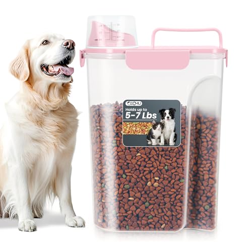 Dog Cat Food Storage Container with Cup (Pink, 5L) | Pet Food Pourable Container Airtight with Large Spout, BPA-Free Plastic Food Dispenser for Pet Food, Bird Seed, Rice, Flour - color: Pink, size: 5L