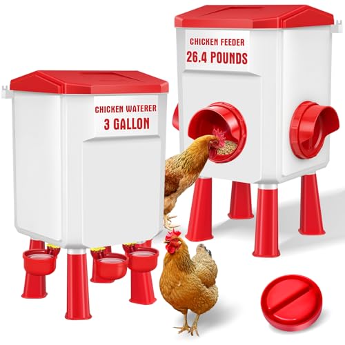 Auto No Waste Chicken Feeder and Waterer Set 3 Gallon/26.4 Pounds | Sturdy & Durable Chick Feeder and Waterer Set, Poultry Feeder Large for Hens/Ducks/Poultry - color: Red