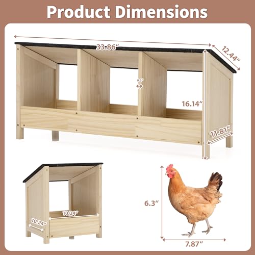 COZIWOW 3-Compartment Chicken Nesting Box Waterproof Asphalt Roof, Wooden Nesting Boxes for Chicken Coop/Farm/Backyard, Easy to Install, Chicken Laying Boxes for Hens, Poultry, Quail, Pigeons