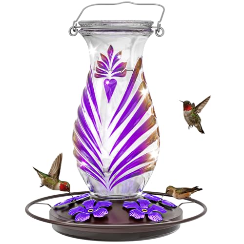 Hummingbird Feeder for Outdoors, 24oz Glass Nectar Feeder with Perch & 5 Flower Feeding Ports, Leakproof Hanging Bird Feeder for Garden Yard Decor, Outside Gifts for Women & Mom, Lavender - color: Lavender