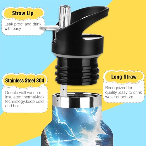 Eagle Water Bottles for Boys Eagled Leakproof Insulated Flask Jug Insulated Stainless Steel Travel Mugs Thermos Bottle Cups with Straw Lid for Sport 600ml - color: white bird soaring sky