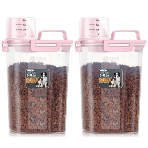 Dog Cat Food Storage Container with Cup (Pink, 2.5L (2 pack)) | Pet Food Pourable Container Airtight with Large Spout, BPA-Free Plastic Food Dispenser for Pet Food, Bird Seed, Rice, Flour - color: Pink, size: 2.5L (2 pack)