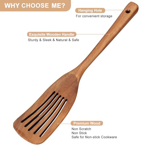 Non Toxic Wooden Spatulas for Kitchen Utensil Set Acacia Wood Cooking Spoon | Flat Wok Pancake Spatula Slotted Turner Bamboo Spoon for Cooking Utensil Spurtle Scraper Long Fish Egg Flipper Spatulas - color: 2Pcs-Natural