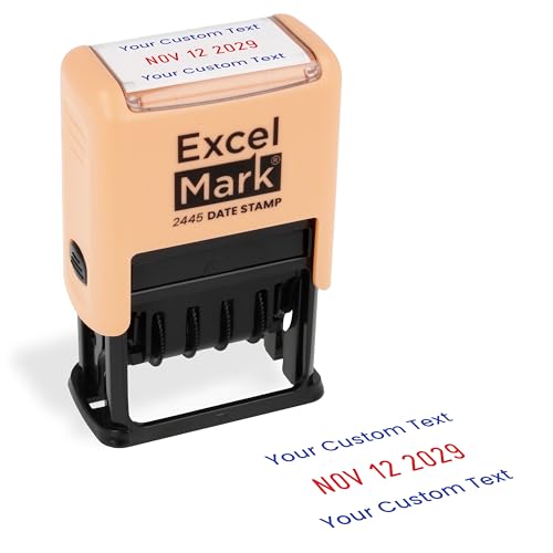 ExcelMark 2445 Date Stamp with Text - Blue and Red Ink (Peach Mount, Custom) - color: Peach Mount, size: Custom