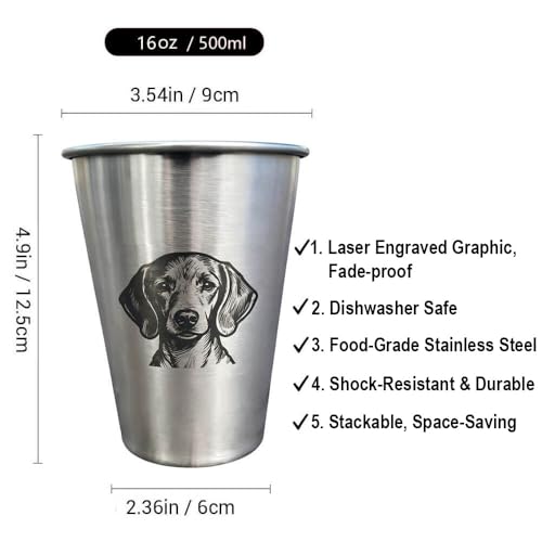 4 Pack 16oz Conical Stainless Steel Cups - Laser Engraved Animals, Stackable Durable Metal Cold Drink Cups for Parties & Outdoor Events (Dachshund) - color: Dachshund