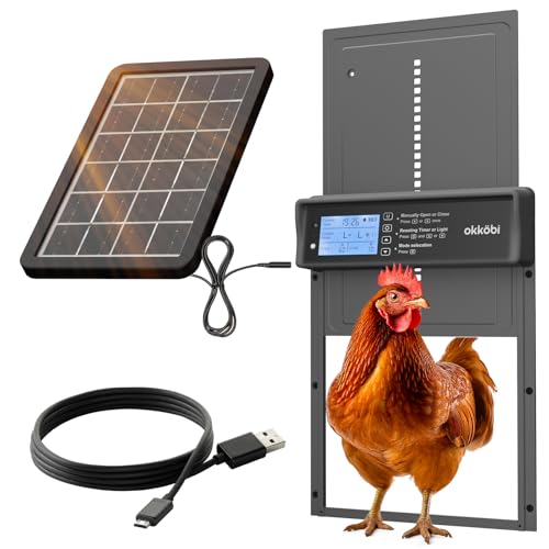 Okkobi Automatic Chicken Coop Door Solar Powered - LCD Display - Chicken Coop Door with Remote Control, Light Sensor & Timer - Security & Peace of Mind: Anti-Pinch Function - 5-Year Protection - Grey - color: Grey