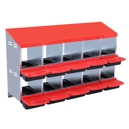 Chicken Nesting Box, Red 10 Hole Chicken Laying Box, Tray for Easy Egg Collection, Large Holes for Ventilation, Suitable for Chickens & Ducks - color: Red, size: 59.1"L x 23.6"W x 35.4"H