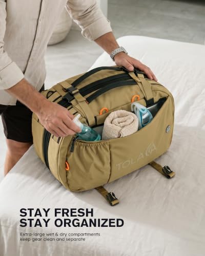 Tolaccea Travel Backpack 40-50L, 16" Laptop Carry On Duffle for Travel Work | 40-50L Expandable, TSA Approved 180° Open, 3L Wet-Dry Pocket, RPET Fabric, 3-in-1 Convertible Carrying, Detachable Waist Belt - color: Khaki