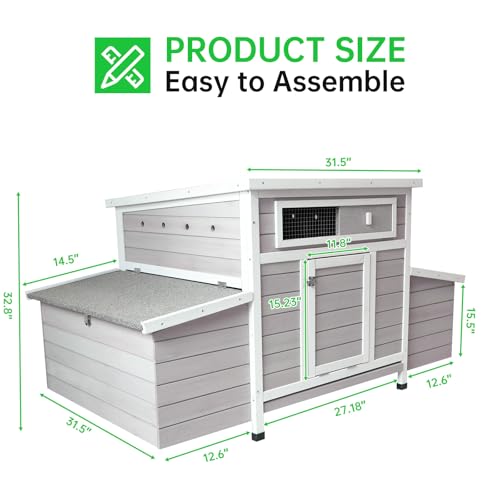 58" Wooden Chicken Coop wih 6 Nesting Boxes for 4-6 Chickens Light Grey | 2 Sides Large Nesting Boxes, For 4-6 Chickens, Poultry Hutch Rabbit Cage, No-Slip Ramp & Pull-Out Tray, For Outdoor Farm Yard - color: White Grey