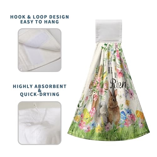 2 Pcs Easter Bunny Hanging Hand Towels He is Risen Rabbits Floral Cross Easter Eggs Kitchen Towels with Hanging Loops Spring Holiday Decorative Dish Cloth Kitchen Tie Towels - color: Easter He is Risen Rabbits