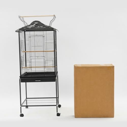 Bird Flight Cage with Rolling Stand 51" H Large Bird Cage W/Tray & Waterproof Roof, Wheels-Freestanding Bird Cage for Cockatiel, Budgerigar, Lovebird, Sun Conure, Cockatoo-Black