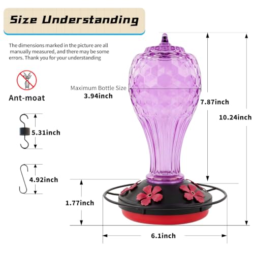 Hummingbird Feeder Colorful Blown Glass Outdoor Hummingbird Feeder with Ant Moat and 5 Feeding Ports for Outdoors Hanging Garden Decor, Bird Lovers (Purple) - color: Purple