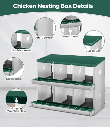 6 Compartment Chicken Nesting Box, Heavy Duty Metal Laying Box with Perch, Easy Assembly & Easy Clean for Outdoor Chicken Coop, Green - color: Green, size: 6 Compartment