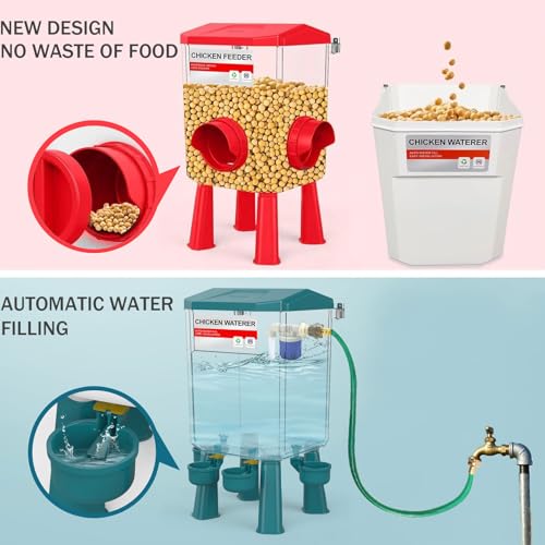 Float-Controlled Automatic Chicken Waterer & No Waste Feeder Kits - Chicken Coop Accessories, Poultry Waterer and Feeder, Two Buckets 3 Gallon/18-23 Pounds - color: Blue+Red