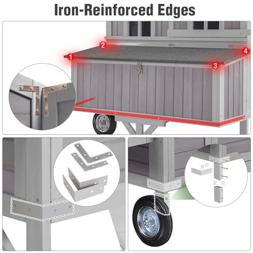 Extra Large Chicken Coop with Super Large Wheels, Mobile Hen House Poultry Cage with Strong Iron Frame, Outdoor Chicken House with 3 Nesting Boxes, 3 Perches for 4-6 Chickens
