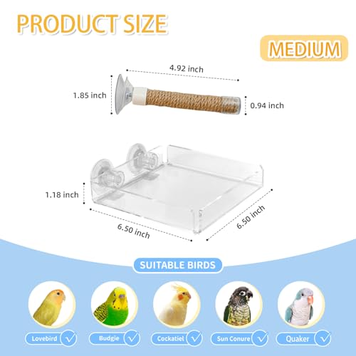 Suction Cup Bird Perch – Jute Rope Stand with Removable Acrylic Poop Tray, Multi-Surface Window Shower Car Travel Perch for Small to Medium Parrots, Budgies, Cockatiels, Lovebirds, Conures (medium)
