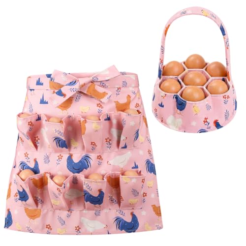 Egg Collecting Apron and Basket, 8 Pouches Chicken Egg Apron for Kids, 7 Pouches Egg Basket for Gathering Fresh Eggs - color: Pink